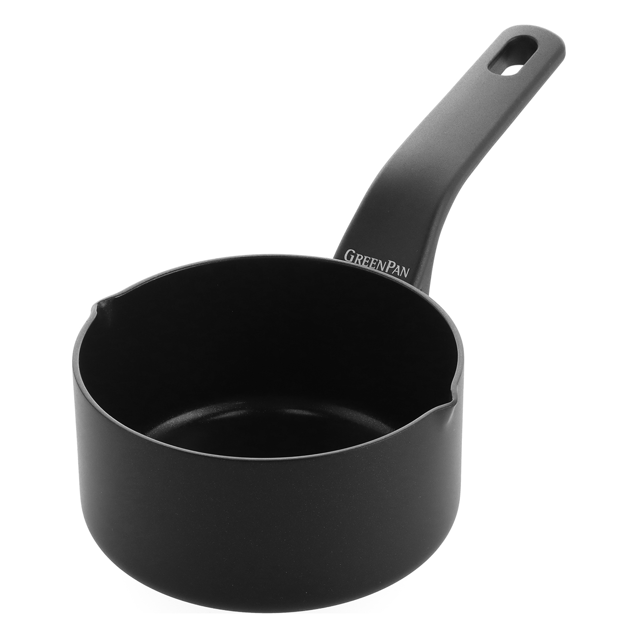 Eine schwarze GreenPan-Saucepan mit langem Stiel und Ausguss, vor weißem Hintergrund.