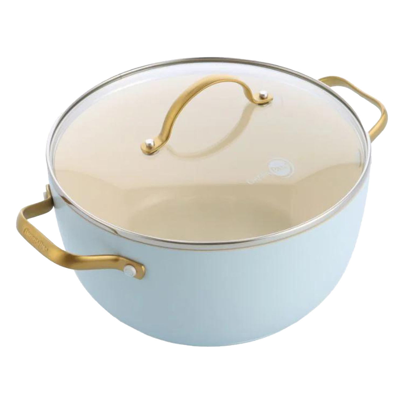 Eine hellblaue Kochtopf mit Glasdeckel und goldenen Griffen.