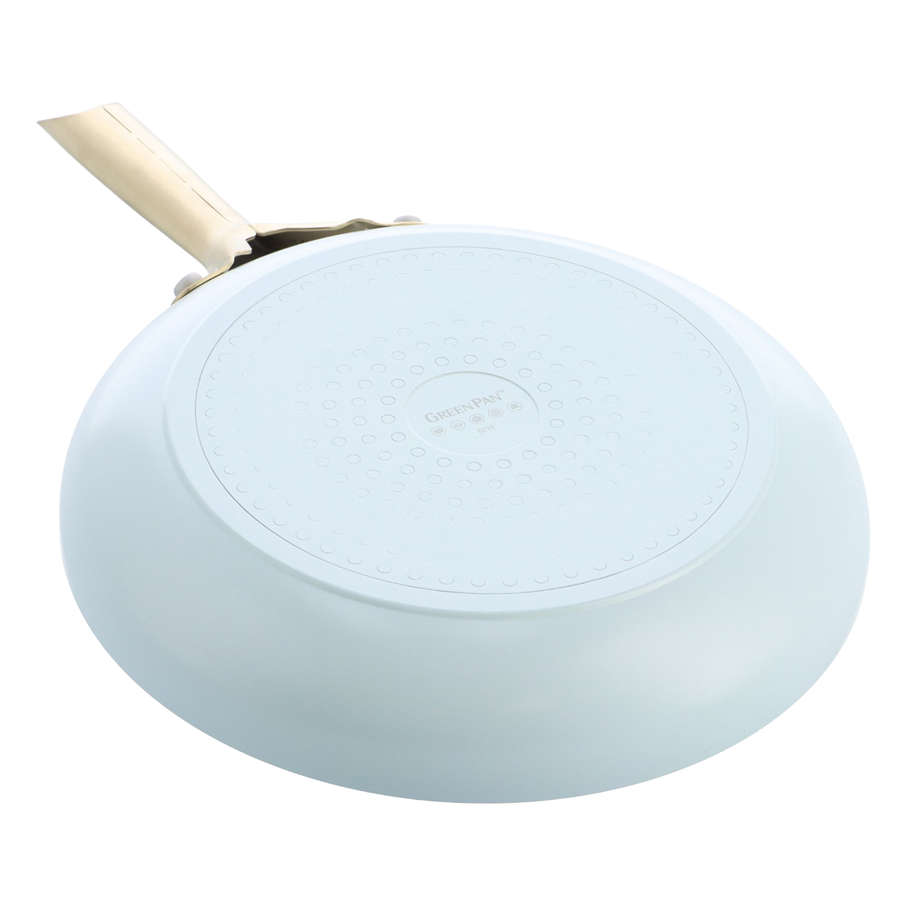 Helle blaue Pfanne mit cremefarbenem Griff, Unterseite mit "GREENPAN" Logo.