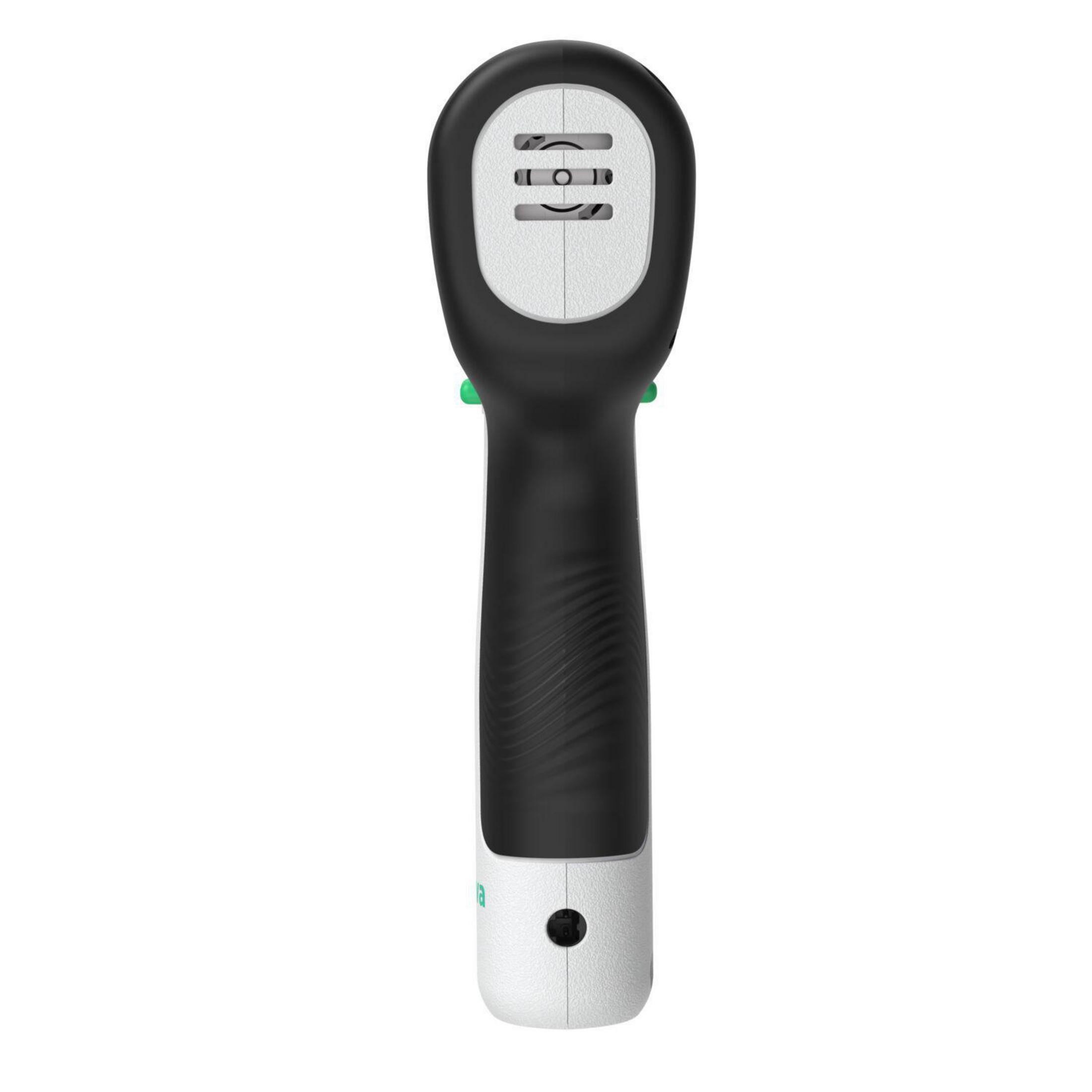 Czarno-białe urządzenie ręczne z owalną głowicą i uchwytem.