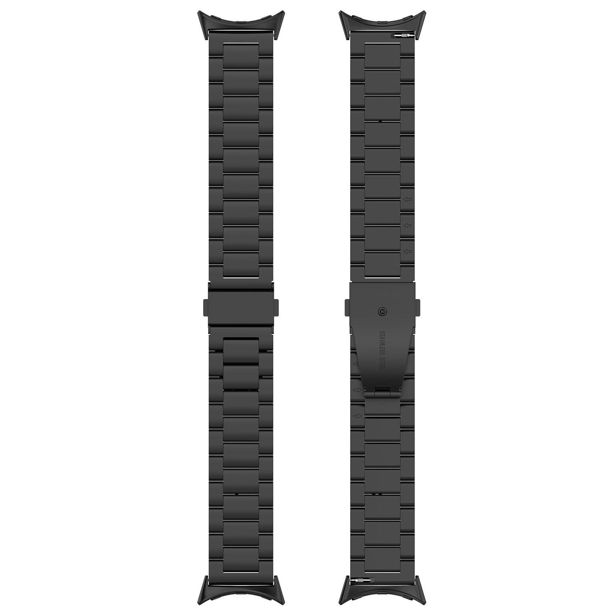 Zwei schwarze Edelstahl-Armbänder für Uhren, nebeneinander liegend.