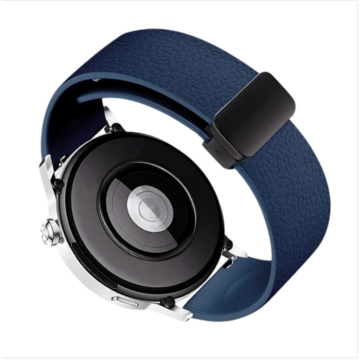 Rückseite einer Smartwatch mit blauem Armband und schwarzem Verschluss.