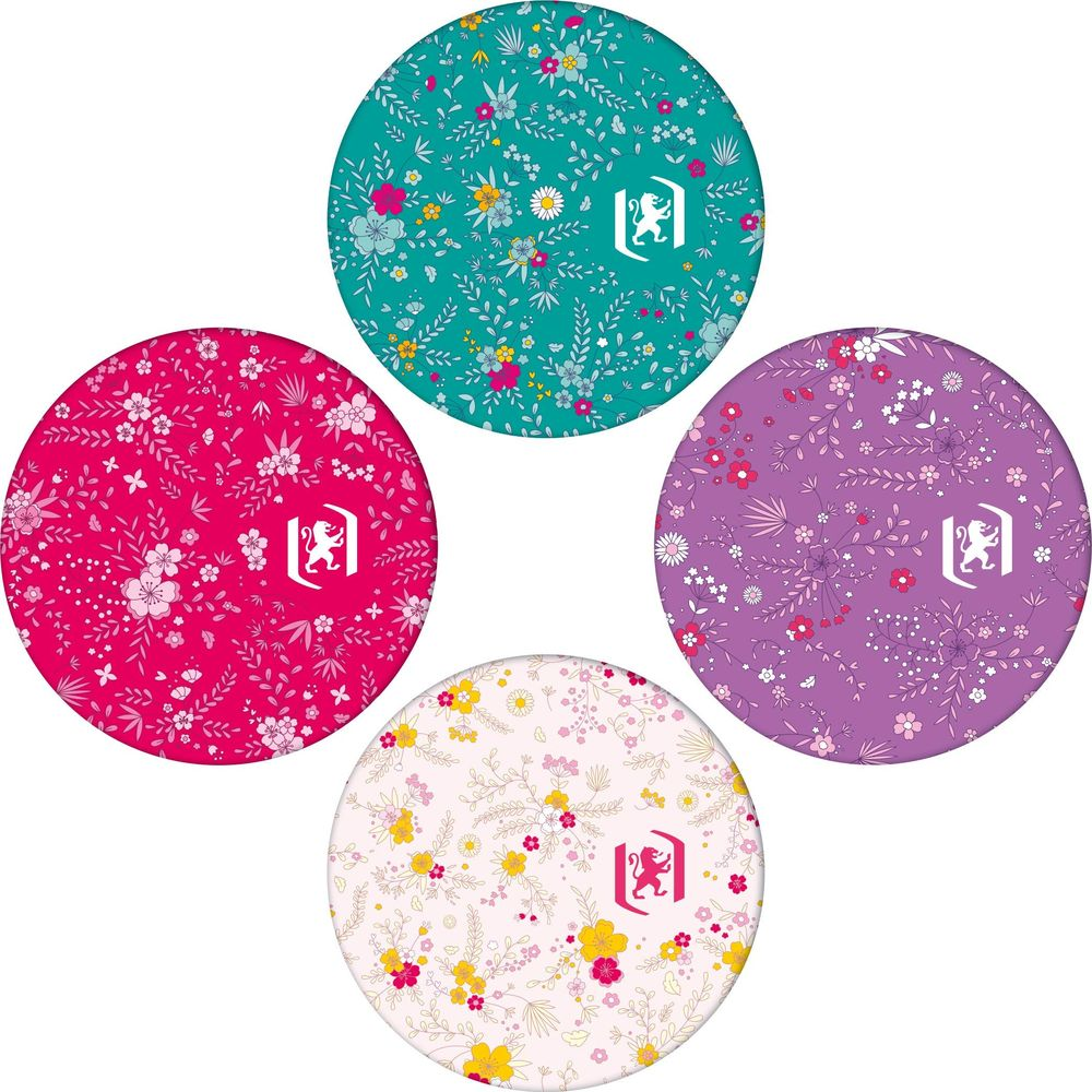 Vier runde Untersetzer mit Blumenmuster: Türkis, Pink, Lila, Rosa mit Löwen-Logo.