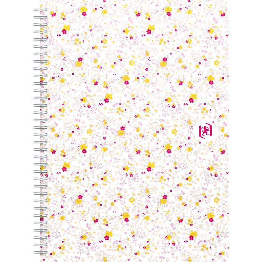Ein Notizbuch mit weißem Hintergrund und vielen kleinen gelben und pinken Blumen.