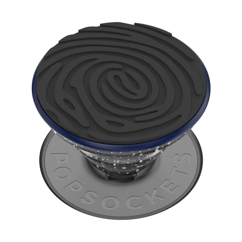 Un PopSocket noir à motif d'empreinte digitale et bordure bleue sur fond blanc.