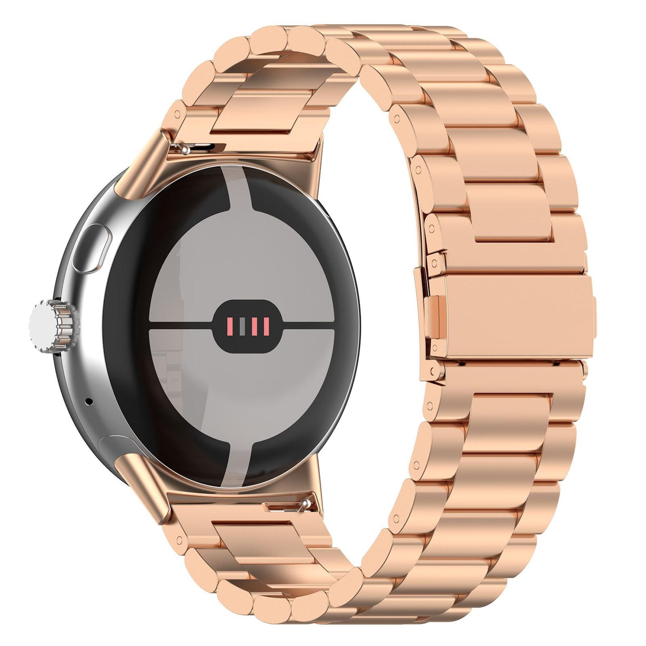 Eine silberne Smartwatch mit roségoldfarbenem Metallarmband, Rückseite sichtbar.