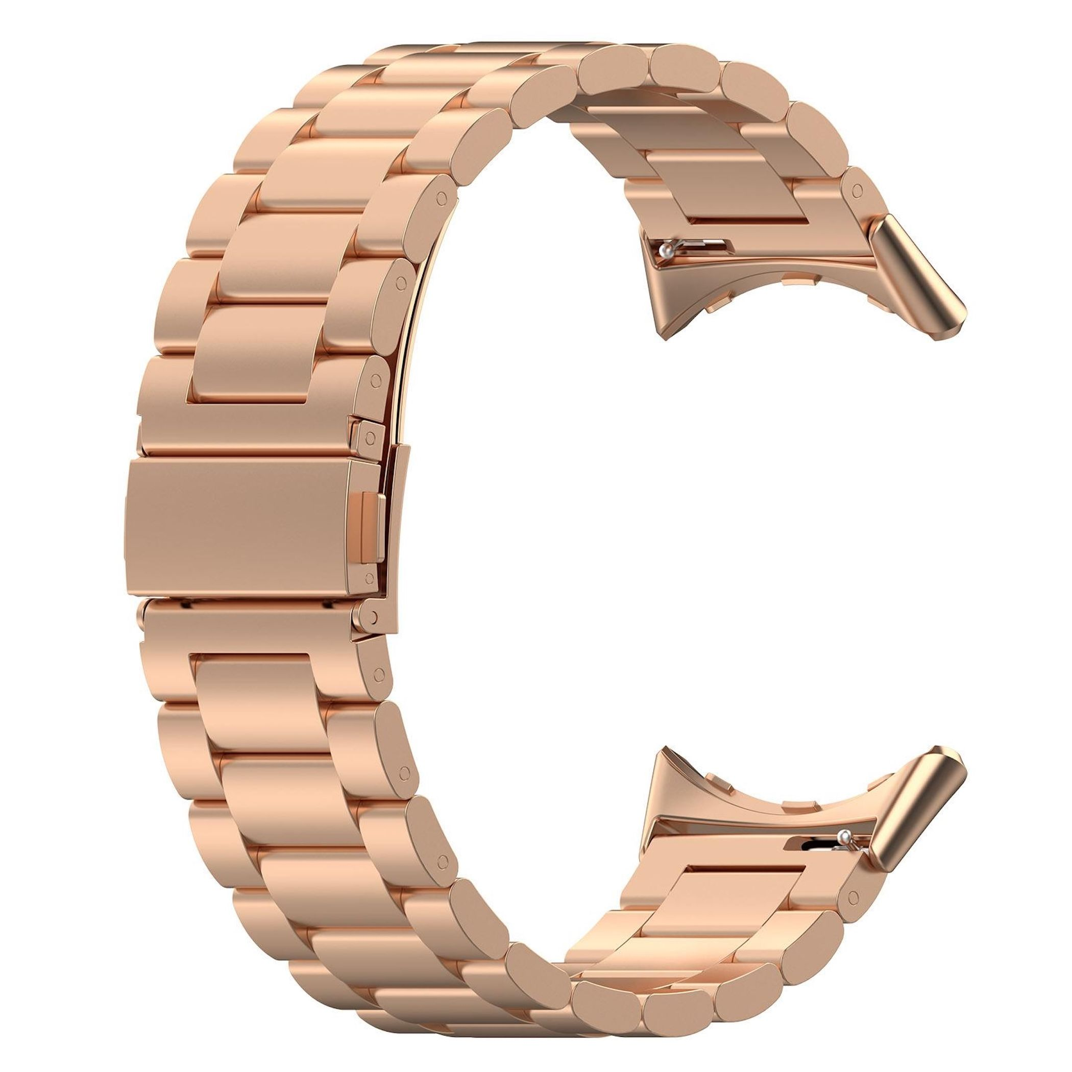 Ein roségoldenes Metallarmband für eine Uhr mit Gliedern und einem Verschluss.