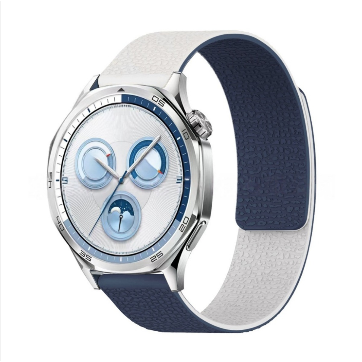 Uno smartwatch con cassa argentata e cinturino blu e bianco.