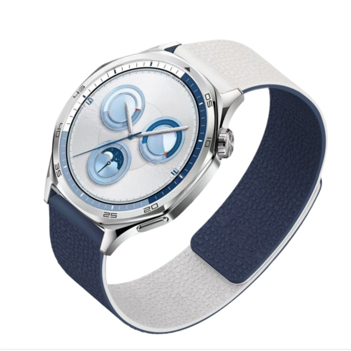 Uno smartwatch argentato con cinturino bianco e blu. Il quadrante mostra le fasi lunari.