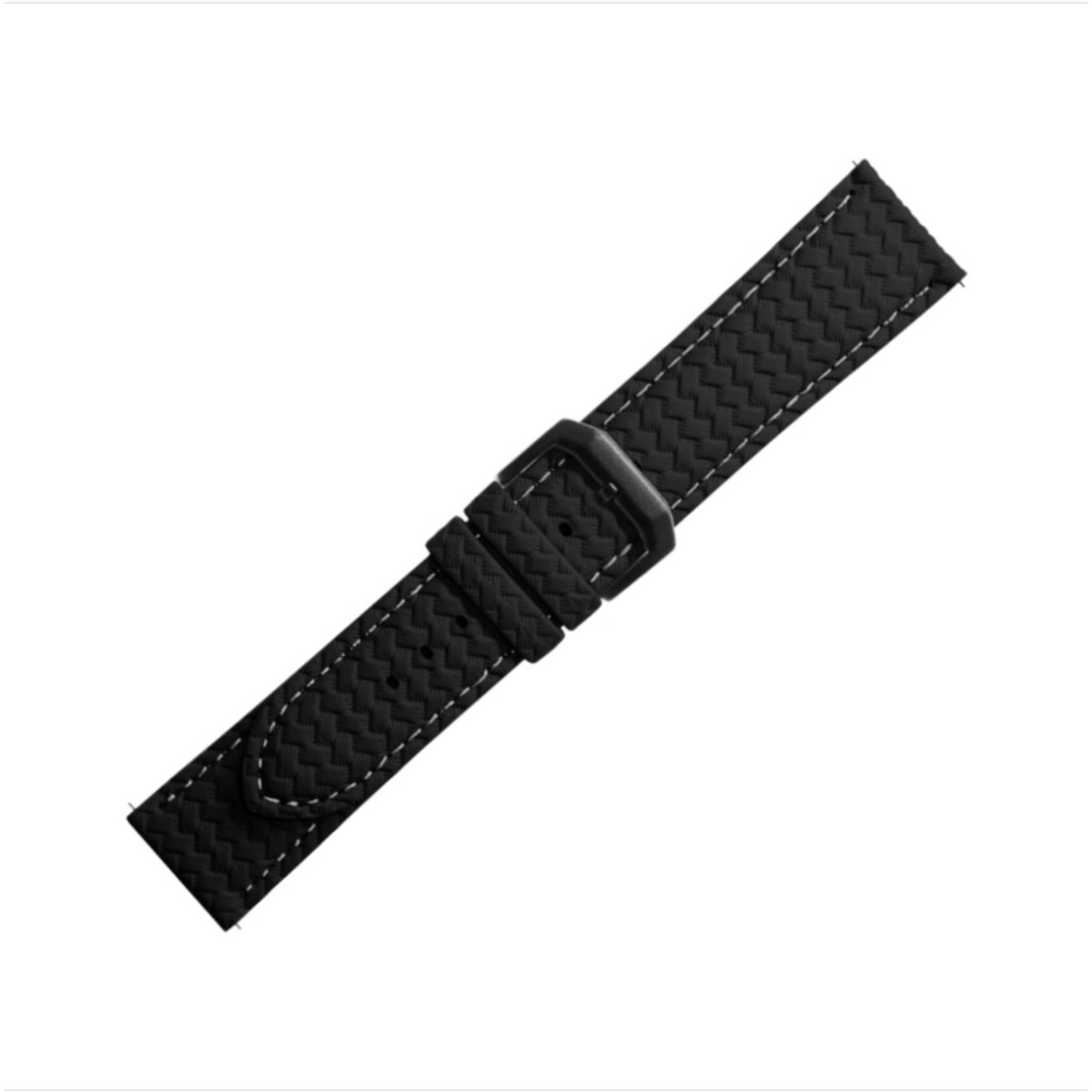 Schwarzes Uhrenarmband mit texturierter Oberfläche und weißer Naht.