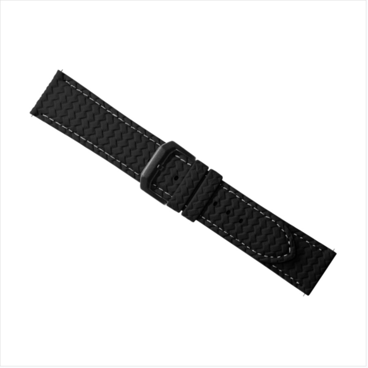 Schwarzes Uhrenarmband mit weißer Naht und Metallschnalle.
