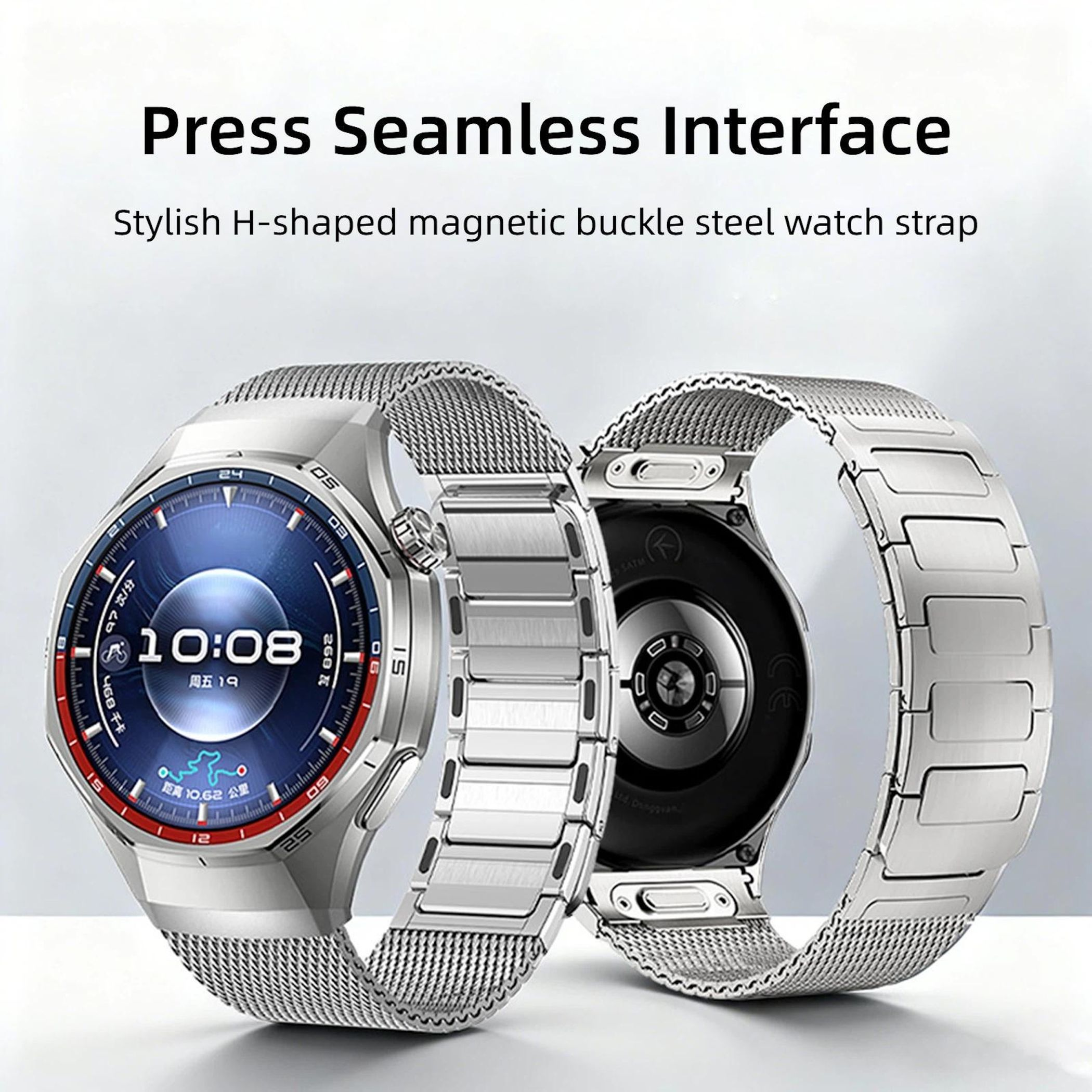 Silberne Smartwatch mit blauem Display, das 10:08 Uhr anzeigt.