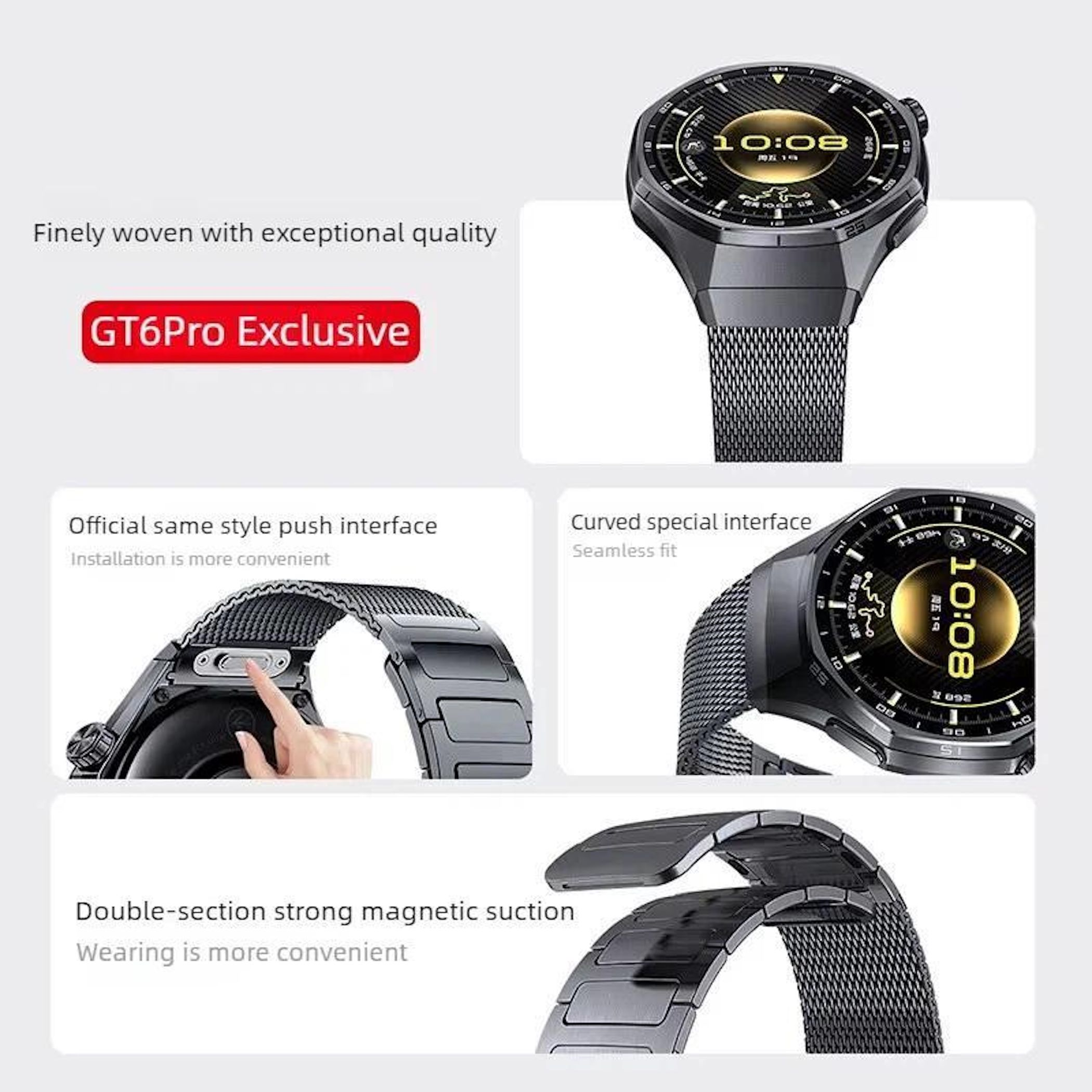Drei Ansichten einer dunklen Smartwatch mit schwarzem Mesh-Armband und Zifferblatt.