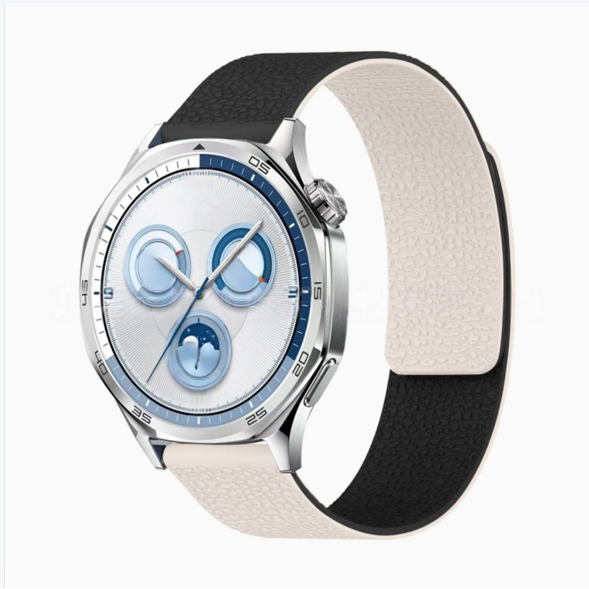 Silberne Smartwatch mit weißem und schwarzem Armband, weißem Zifferblatt mit blauen Akzenten.