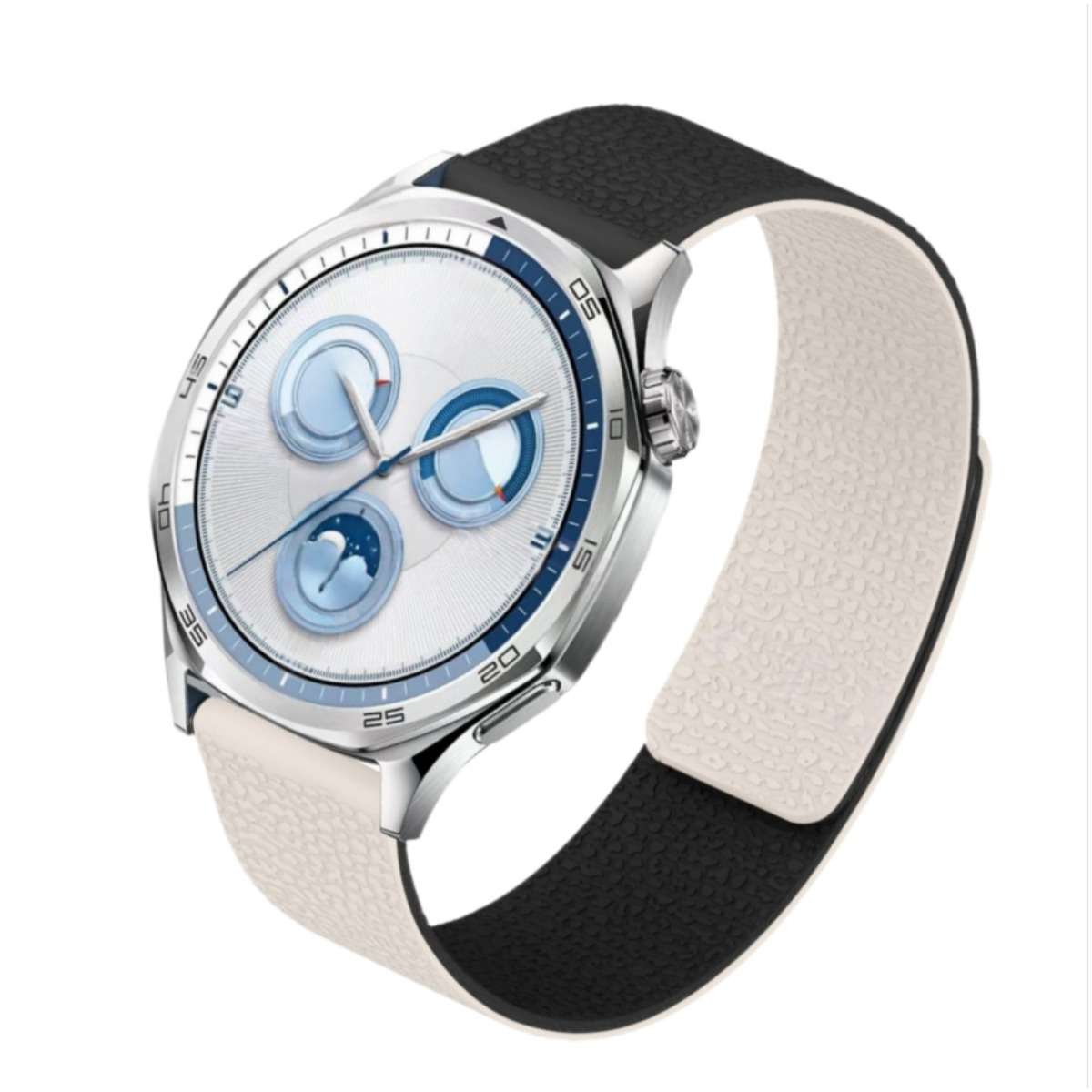 Silberne Smartwatch mit weißem und schwarzem Armband und einem weißen Zifferblatt.