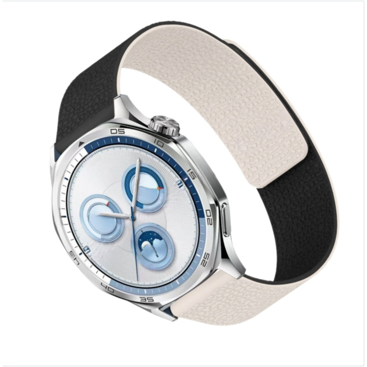 Eine stilvolle Smartwatch mit weißem Zifferblatt, blauen Akzenten und bicolor Armband.