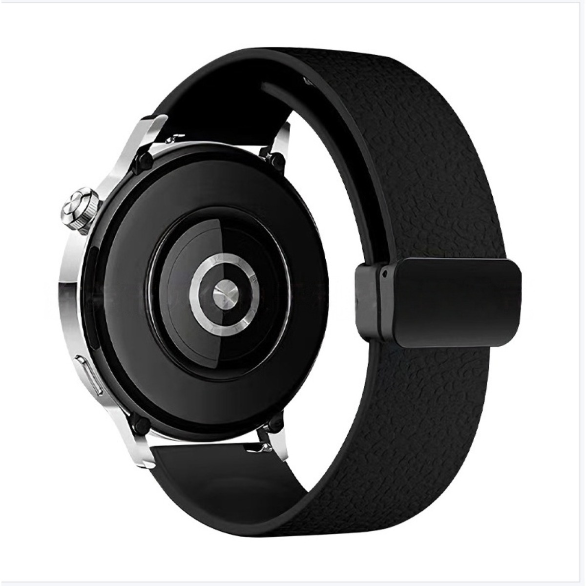 Vista posteriore di uno smartwatch nero con accenti argentati e cinturino testurizzato.