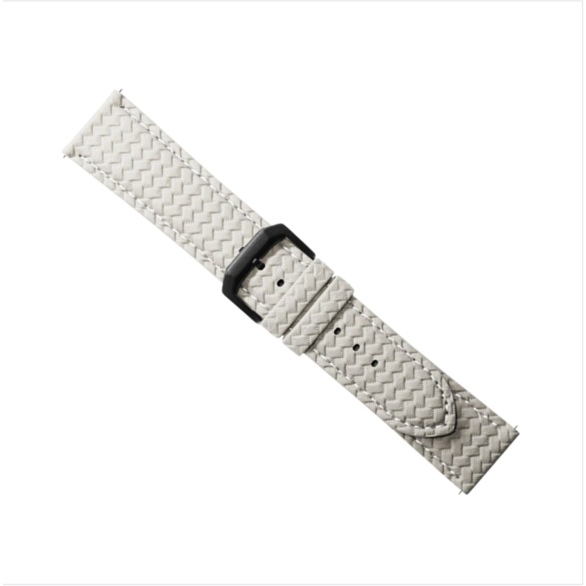 Ein hellgraues, gewebtes Uhrenarmband mit schwarzer Schnalle.