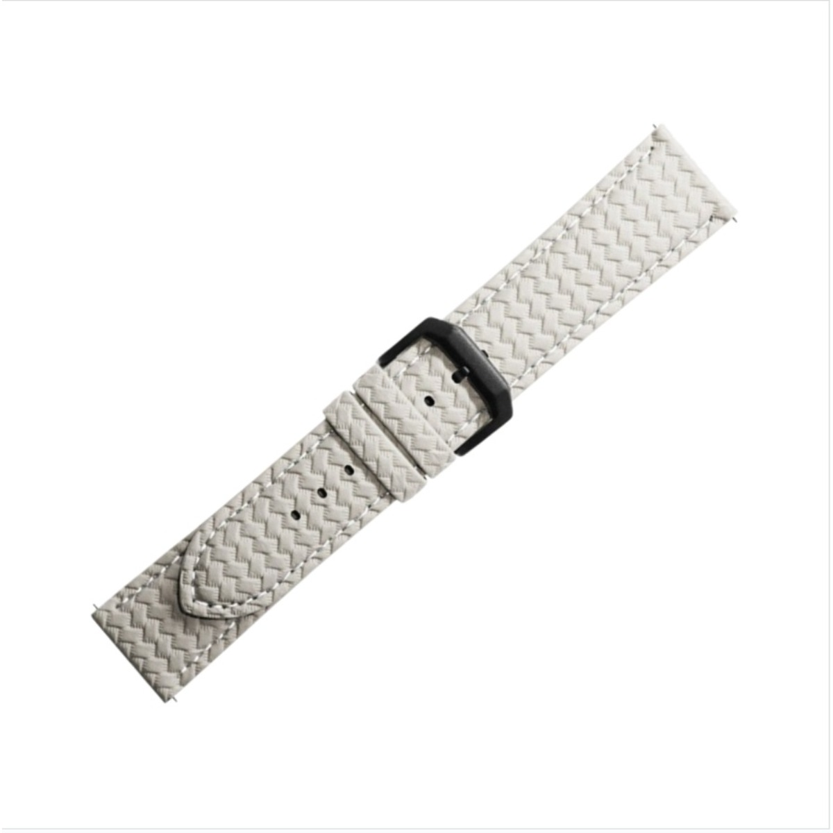 Ein hellgraues, strukturiertes Uhrenarmband mit schwarzer Schnalle.