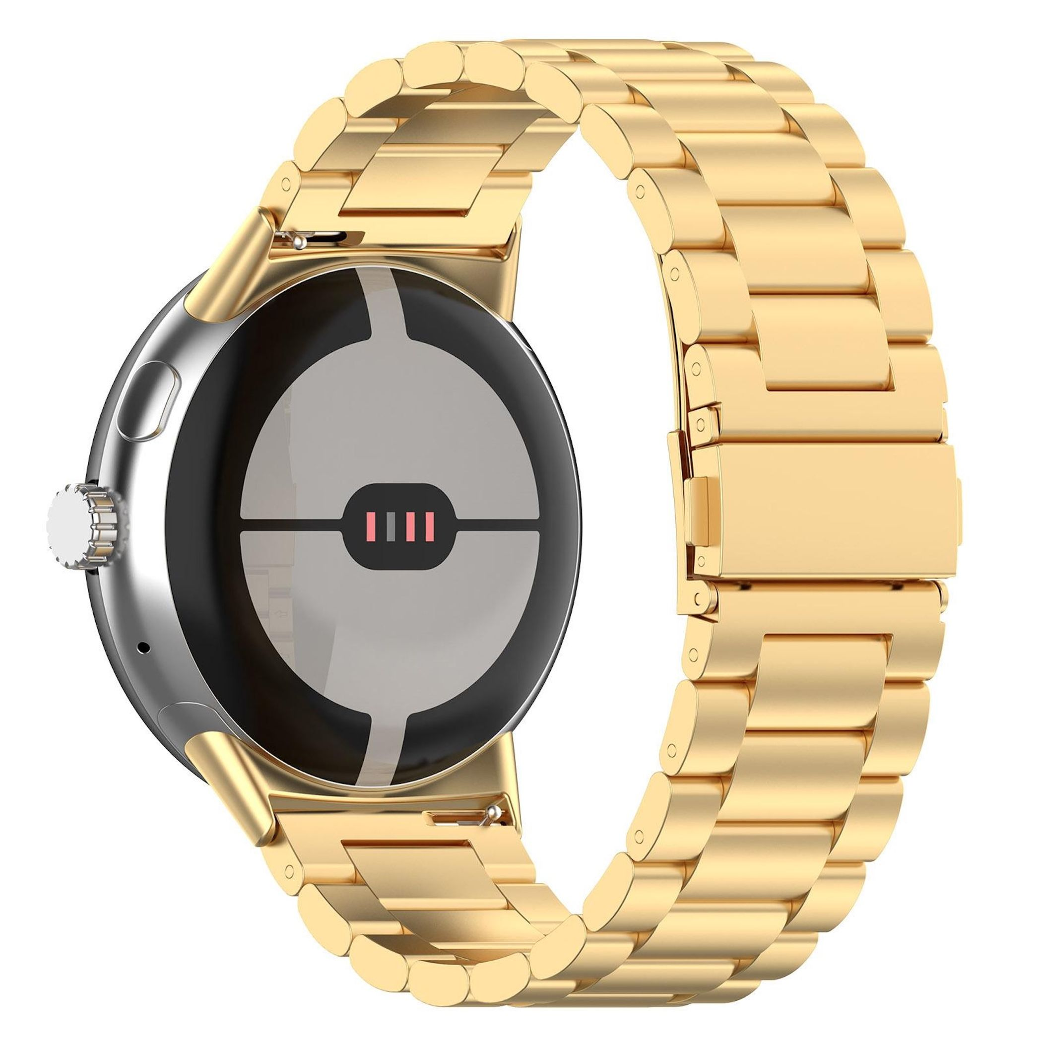 Uno smartwatch dorato con cassa argentata e display nero, visto da dietro.