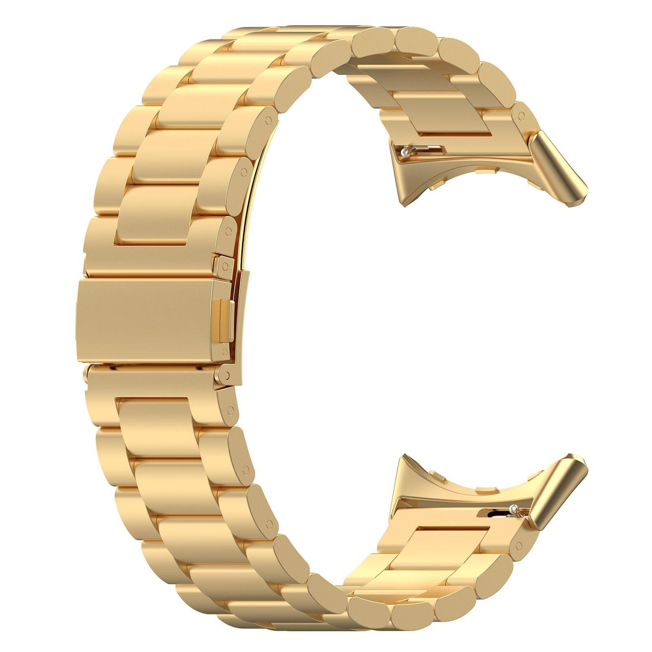 Un cinturino per orologio in metallo dorato lucido a maglie.