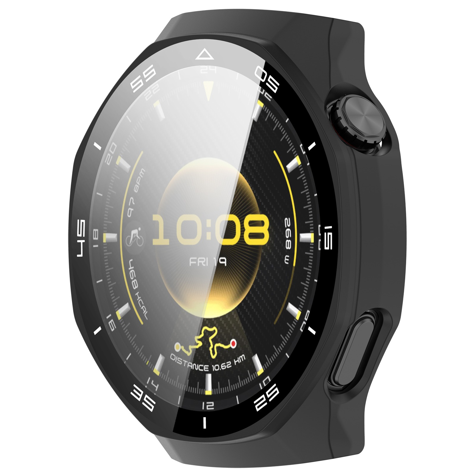 Uno smartwatch nero che mostra le 10:08 sul quadrante digitale.