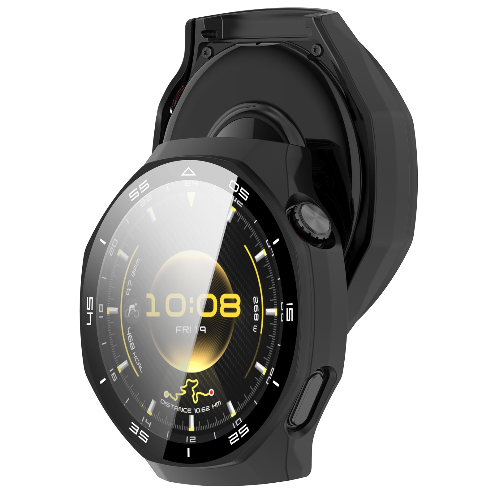 Smartwatch nero con display rotondo che mostra le 10:08, data e statistiche.