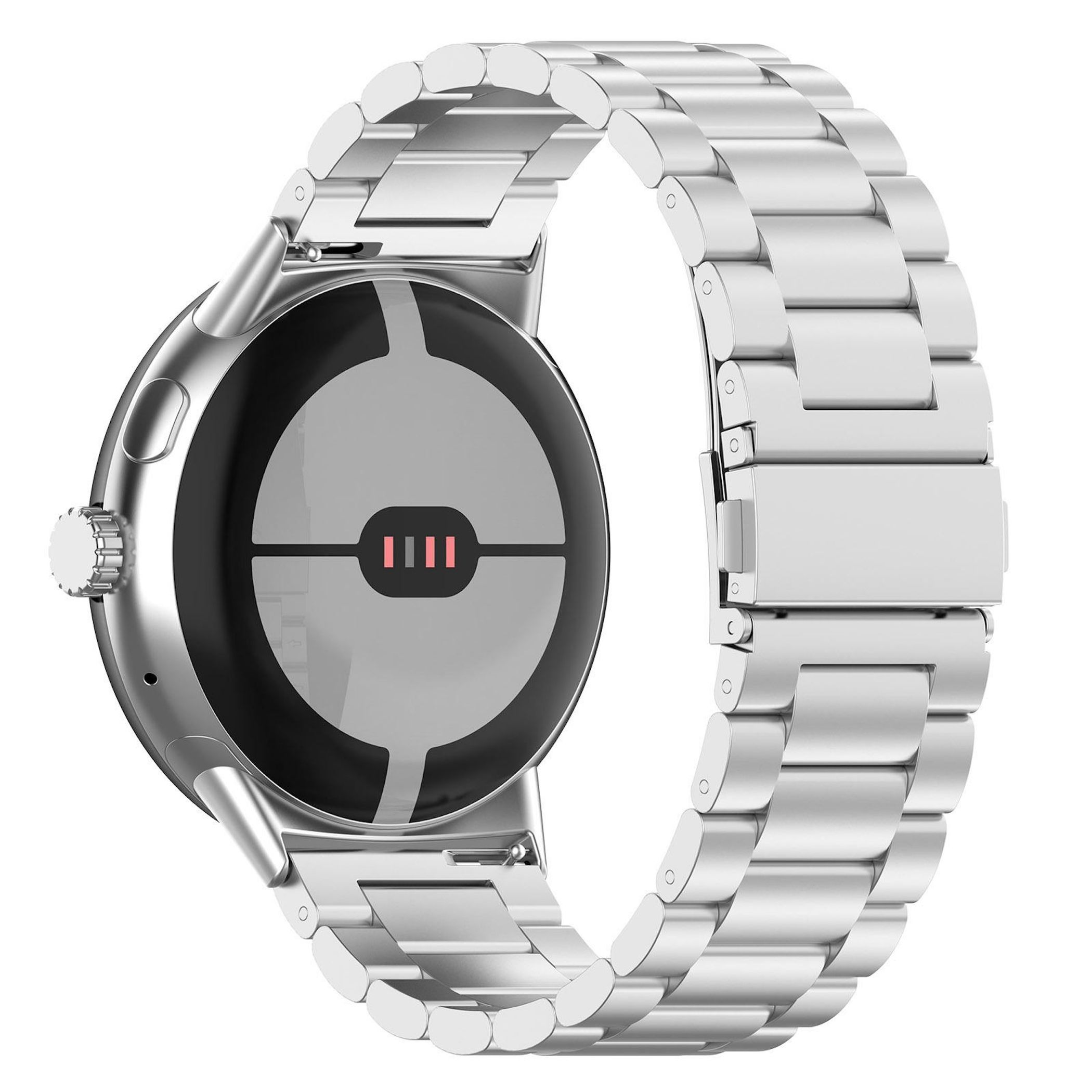 Bracciale d'argento per smartwatch con metallo lucido e dettaglio quadrante nero.