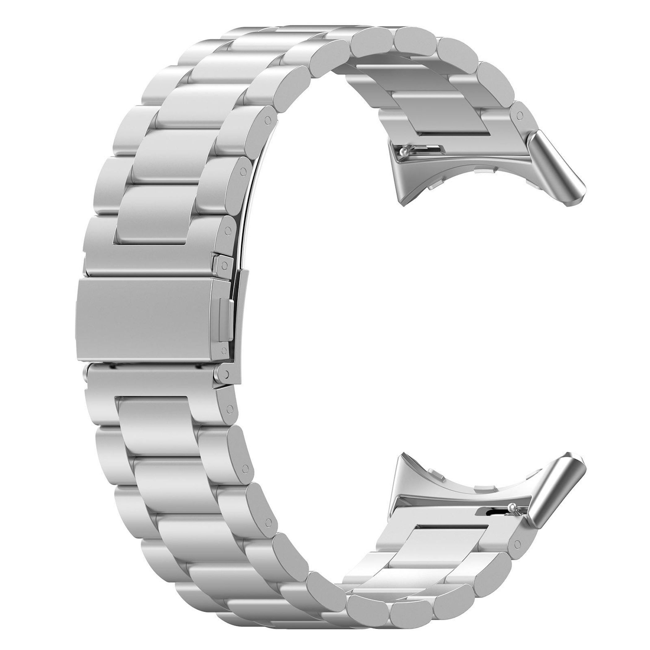 Un cinturino per orologio in metallo argentato con maglie e chiusura.