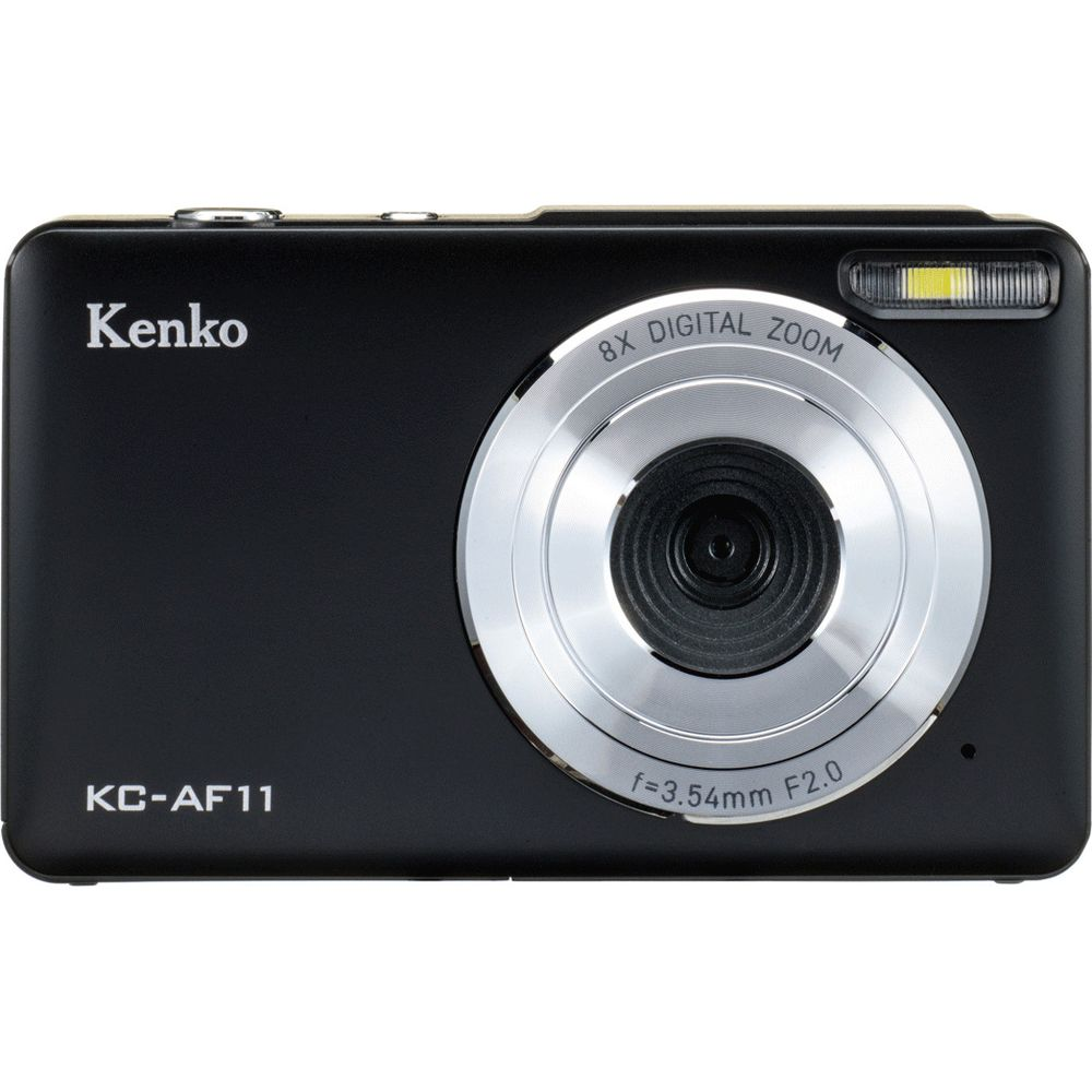 Schwarze Kenko Digitalkamera mit 8x Zoom, Blitz und Objektivdaten.