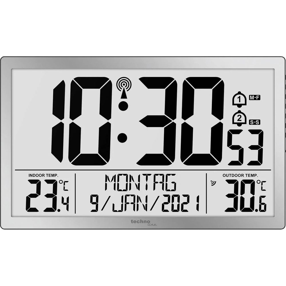Digitaluhr zeigt 10:30, 23.4°C innen, 30.6°C außen, Montag, 9. Jan 2021.