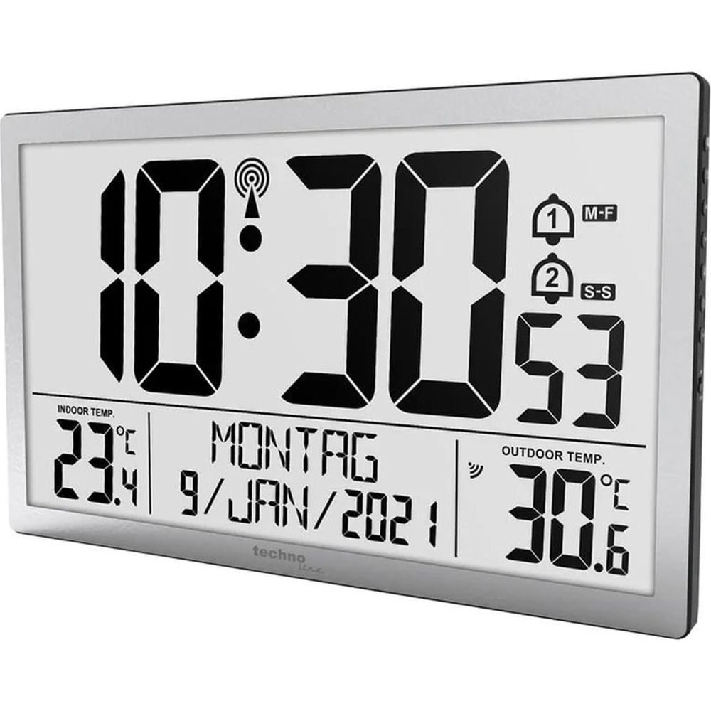 Digitaluhr zeigt 10:30, 23.4°C innen, 30.6°C außen, Montag, 9. Jan. 2021.