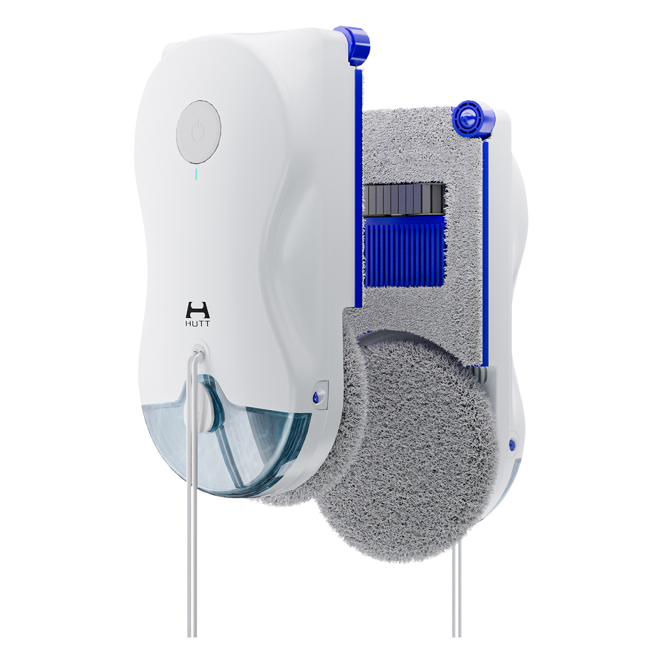 Weißer Roboterfensterreiniger mit blauem Akzent, mit freiliegenden Reinigungspads und Wassertank.