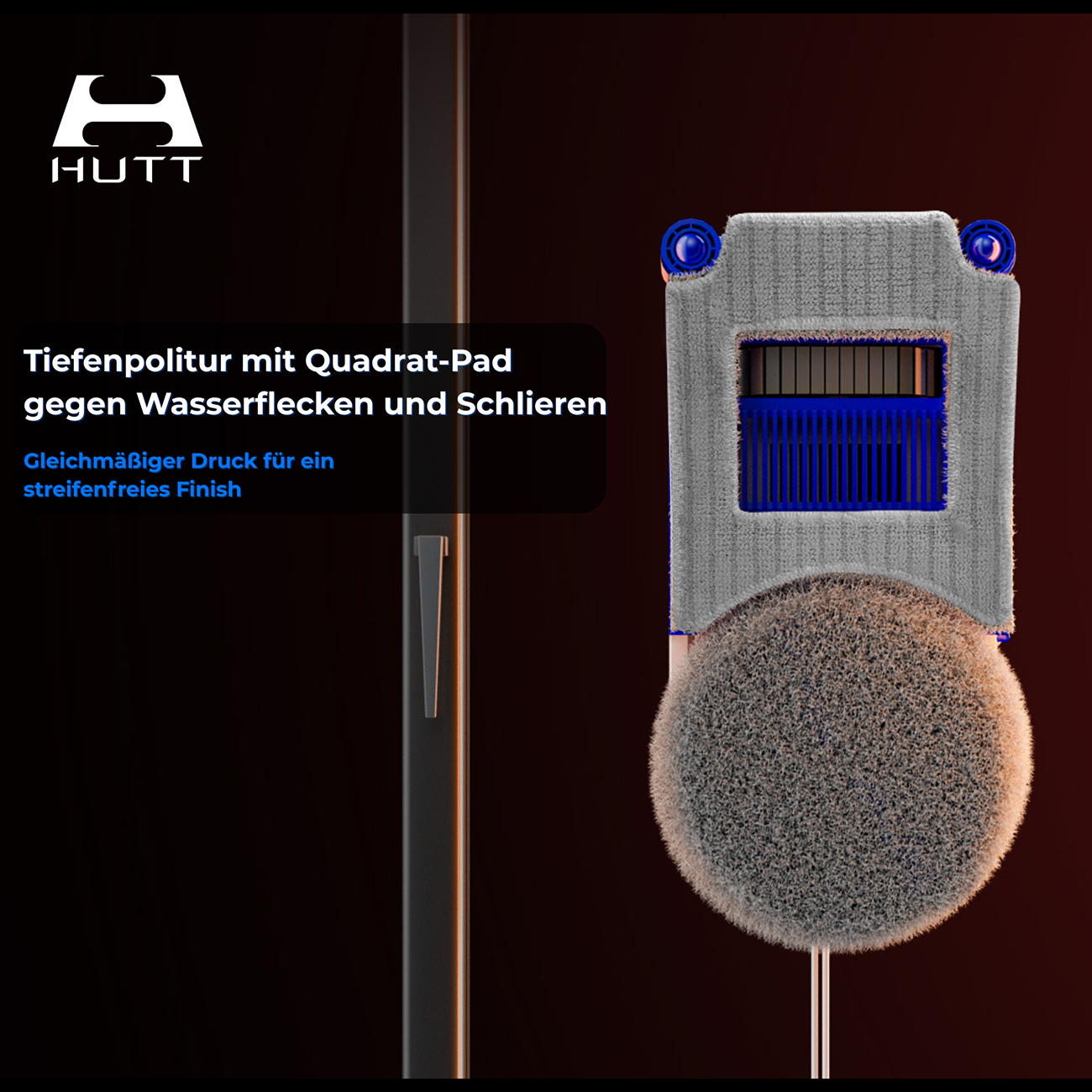 Ein polierwerkzeug mit grauem pad und blauen details auf dunklem hintergrund.