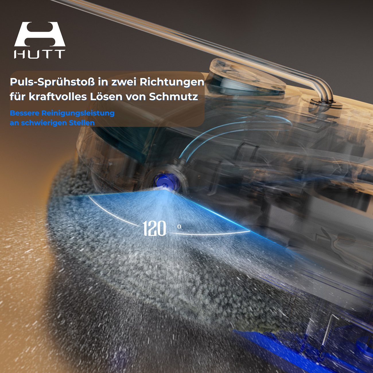 HUTT-Reiniger sprüht mit 120° Winkel zur effektiven Schmutzentfernung.
