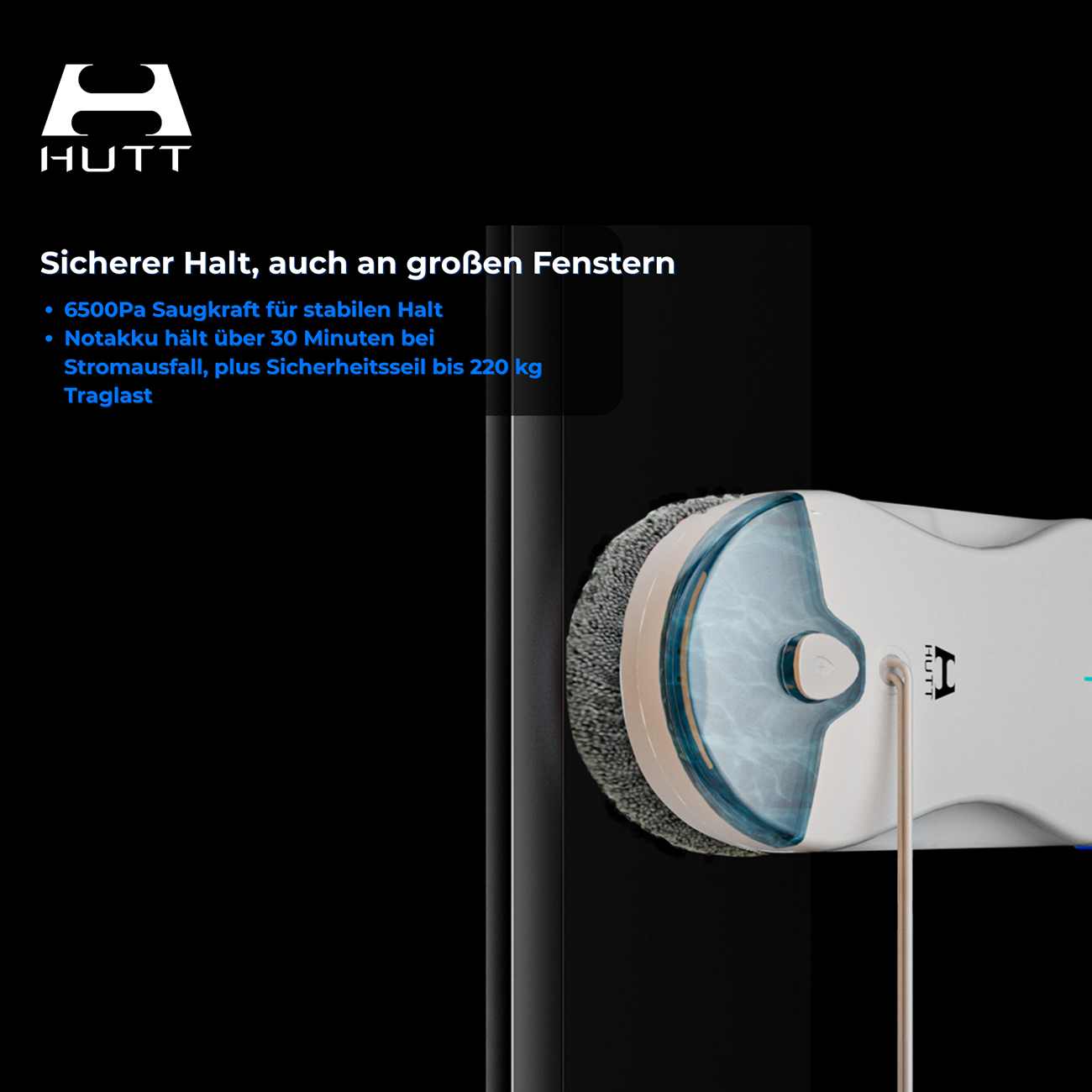 HUTT Fensterreinigungsroboter mit Sicherheitsseil auf einem Fenster.