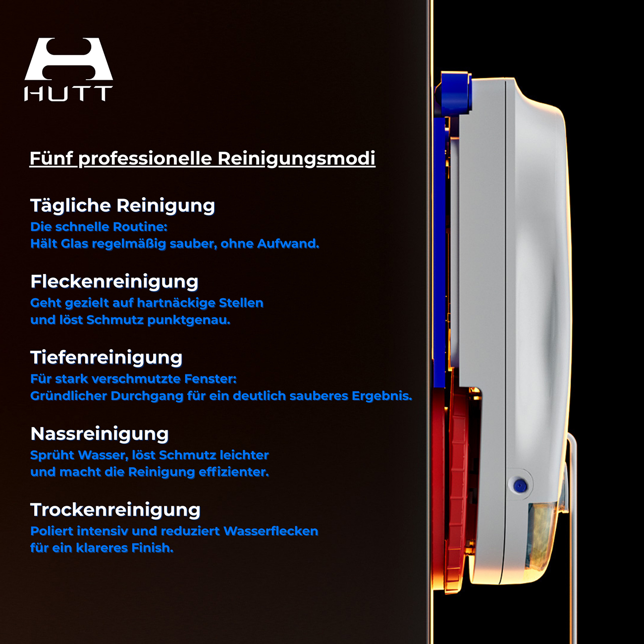 HUTT Fensterreinigungsgerät mit 5 Modi: Tägliche, Flecken-, Tiefen-, Nass- und Trockenreinigung.