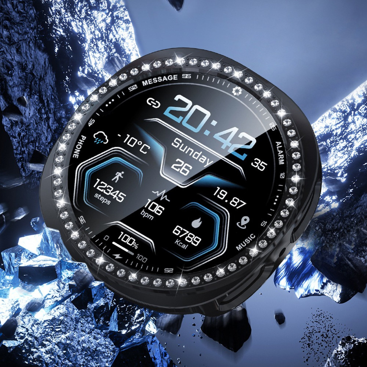 Schwarze Smartwatch mit Diamanten besetzt, zeigt Zeit, Datum, Schritte, Herzfrequenz.