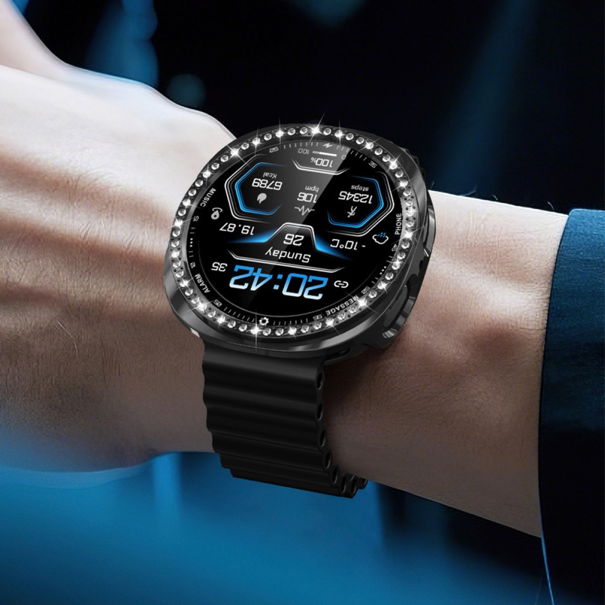 Eine schwarze Smartwatch mit funkelndem Rand zeigt 20:42, Schritte, Herzfrequenz und Kalorien.