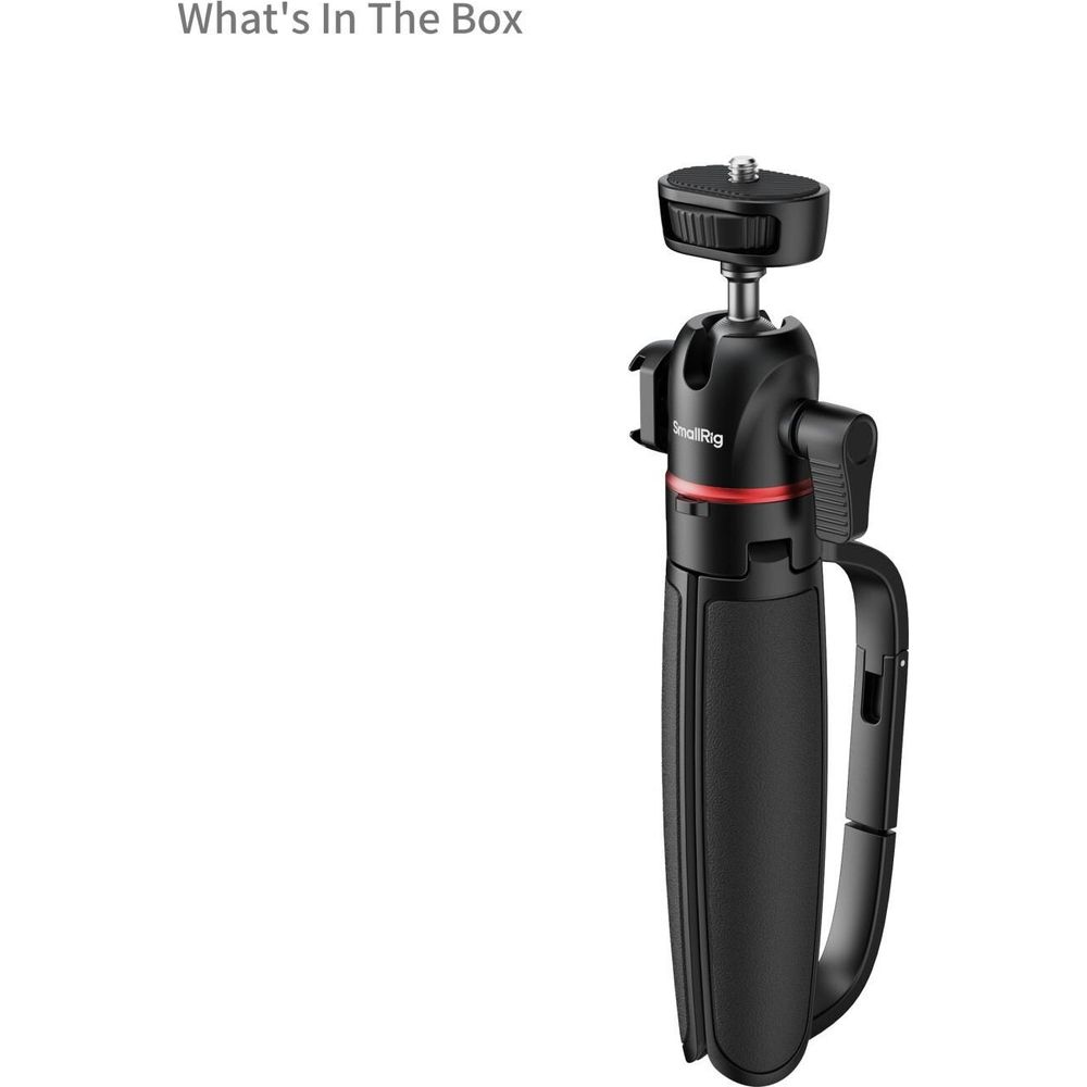 Un trépied noir portable avec un anneau rouge et un support à vis dessus.