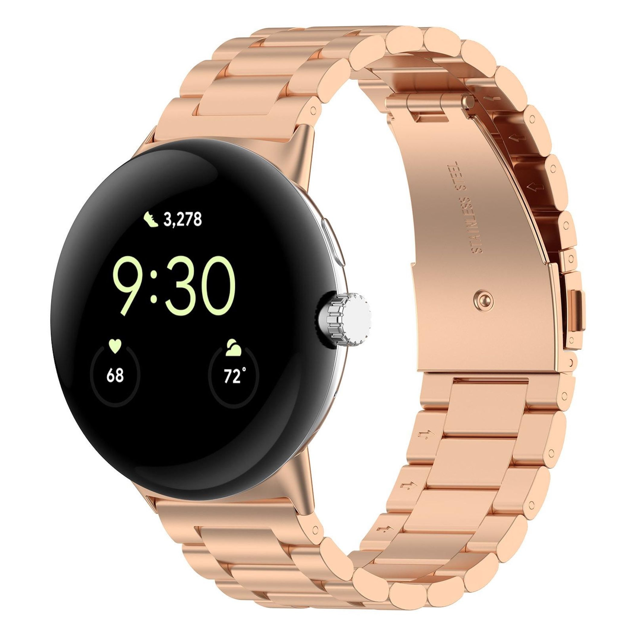 Eine roségoldene Smartwatch mit rundem schwarzen Display, das 9:30 Uhr anzeigt.