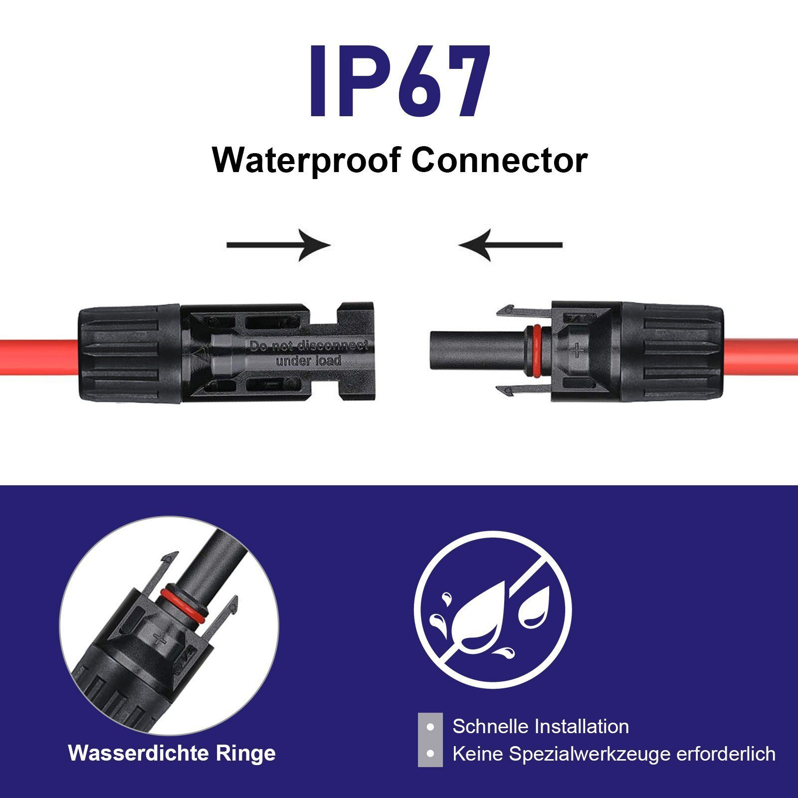 IP67 wasserdichter Stecker mit roten Kabeln und Details.