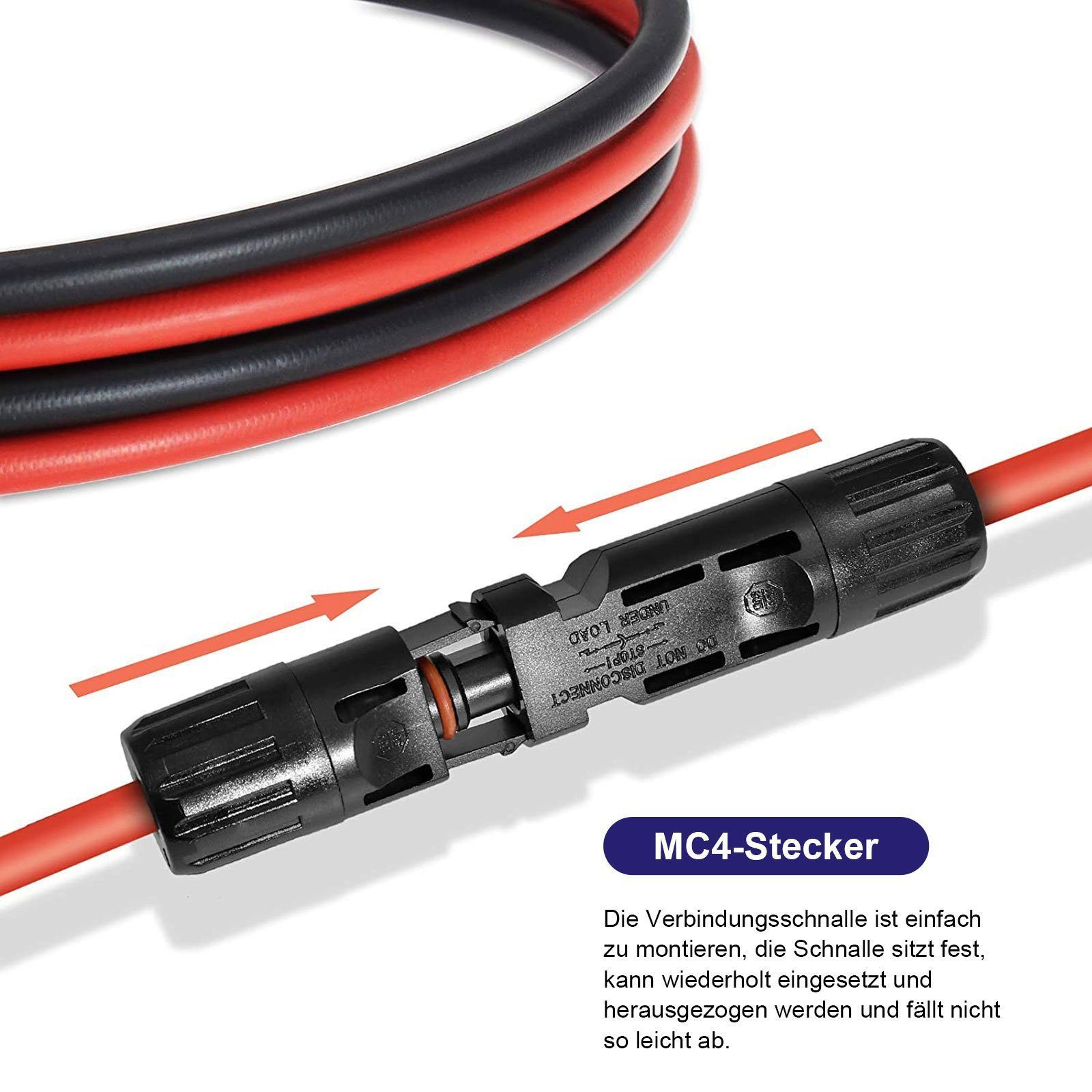 Rote und schwarze Kabel mit einem MC4-Stecker. Pfeile zeigen die Trennung.