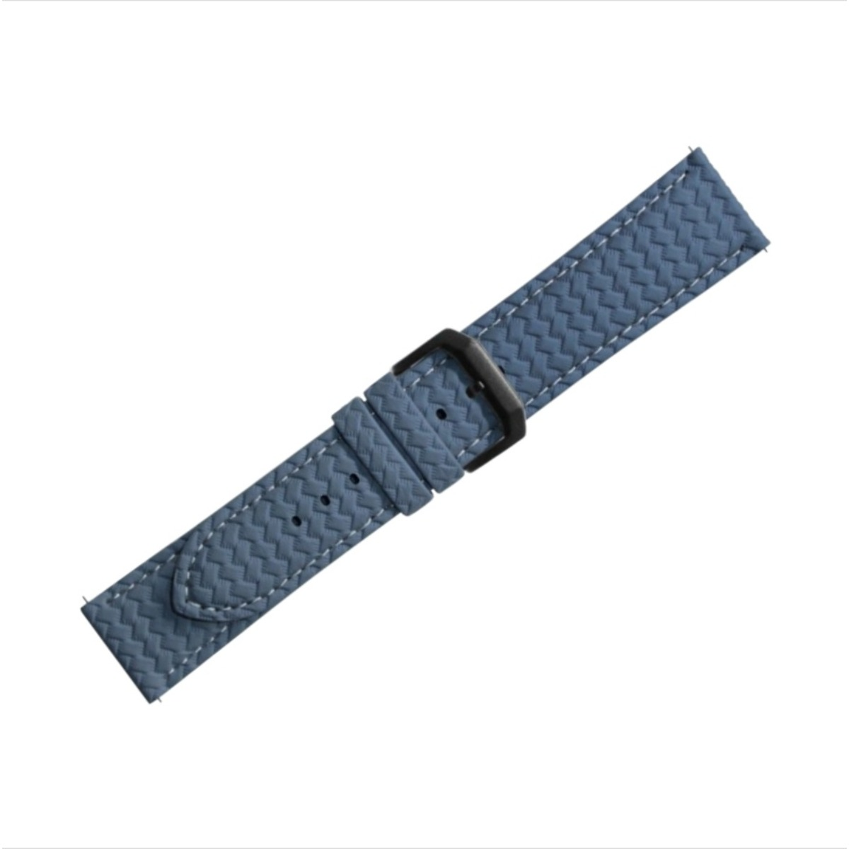 Ein blauer Uhrenarmband mit schwarzer Schnalle und weißer Naht.