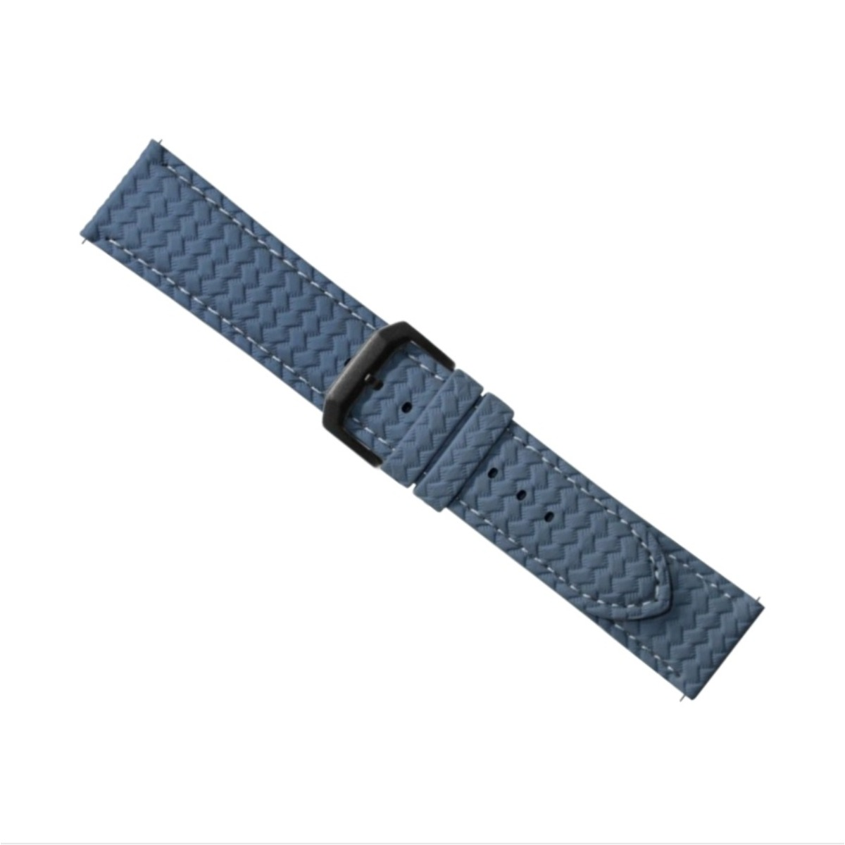 Ein blaugraues Uhrenarmband mit schwarzer Schnalle und Fischgrätmuster.