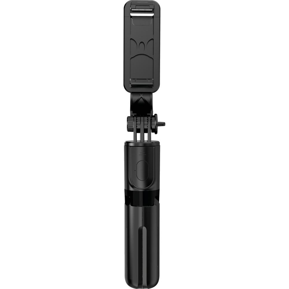 Ein schwarzer Selfie-Stick mit Klemmhalterung für ein Smartphone.
