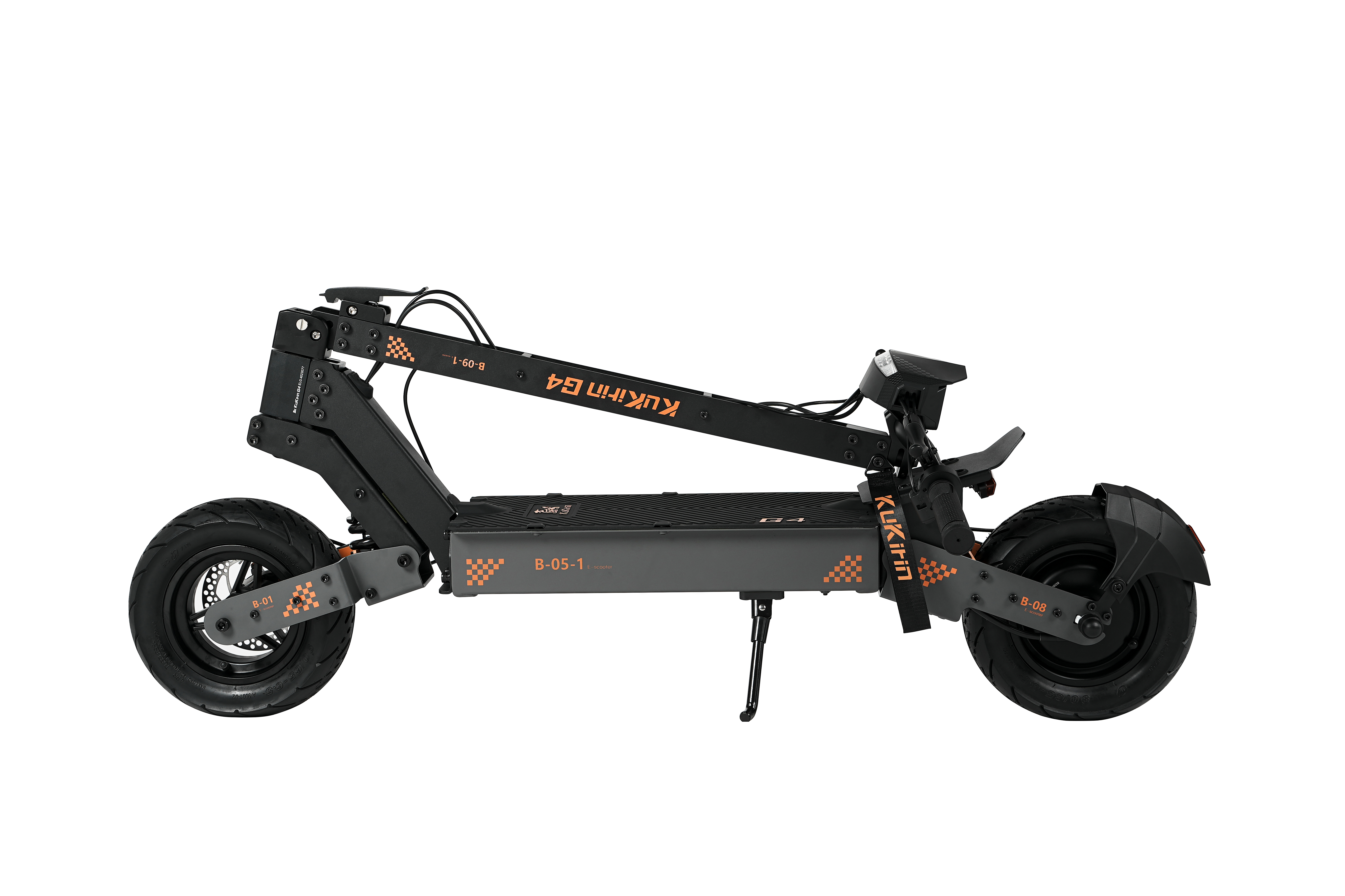 Schwarzer E-Scooter mit orangefarbenen Akzenten und Schriftzug KuKirin G4.