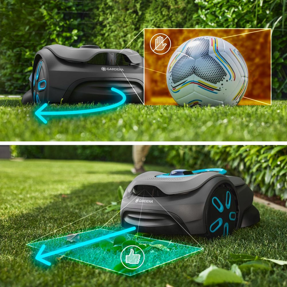 Ein Mähroboter auf einem Rasen neben einem Fußball. Unten: Ein Roboter mit einer grünen Fläche.