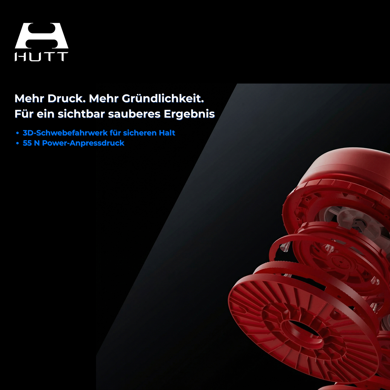 HUTT Logo und rotes, zerlegtes Bauteil mit Text über Druck und Gründlichkeit.