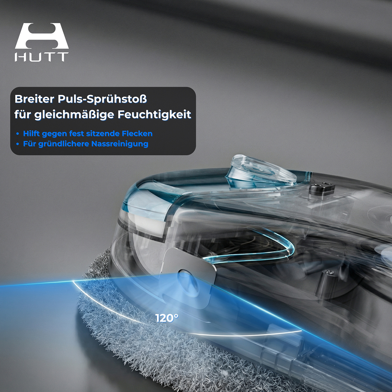 HUTT Wischroboter mit 120° Sprühbereich für gleichmäßige Feuchtigkeit.